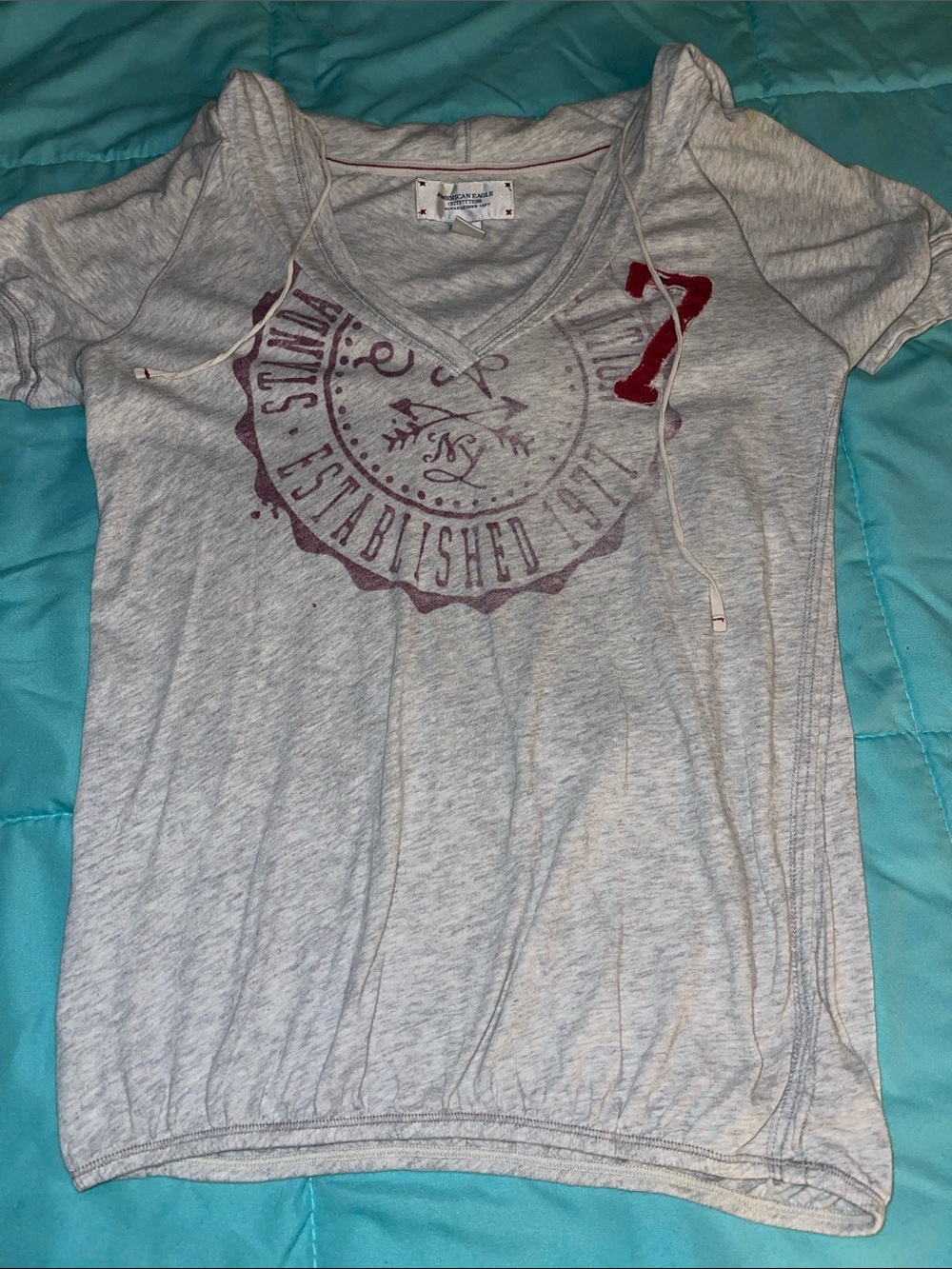 Heather Gray Women’s V-Neck Graphic Tee with Drawstring Hood